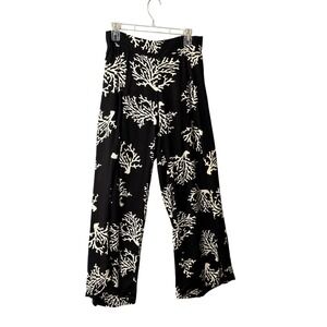 Indian Tropical Fashion Wide Leg Pants Women S/M Black Coral Print Rayon Palazzo